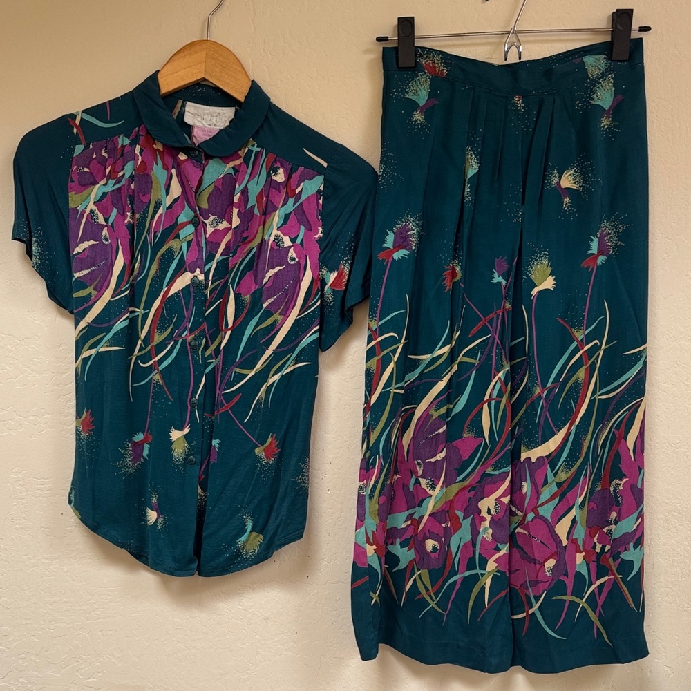 Unique Vintage 1980’s Teal and Purple Floral Blouse and Skirt